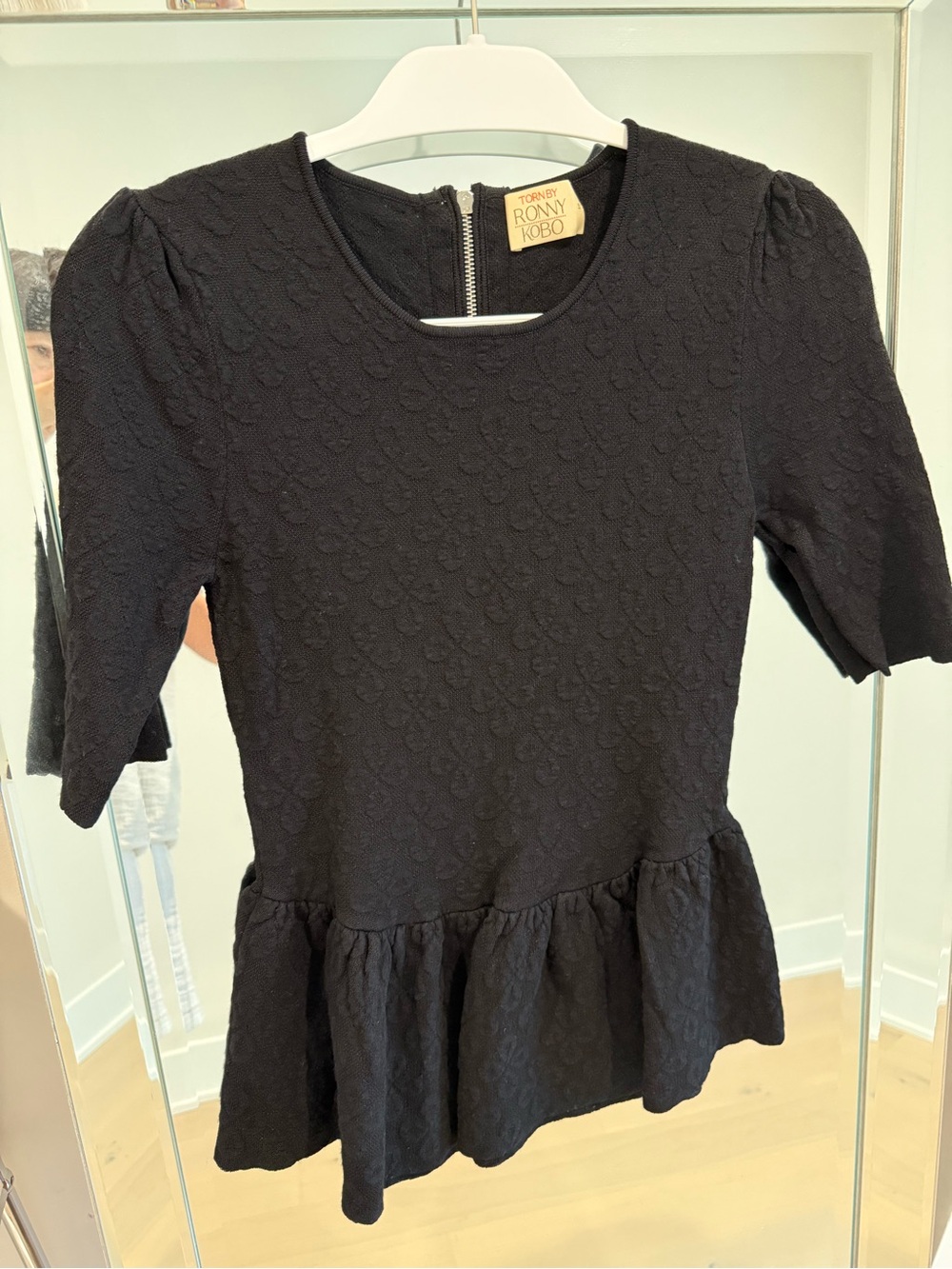 Ronny Kobo Collection Black Textured Peplum Top with Puff Sleeves
